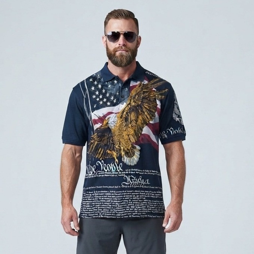 Cotton Traders Sport Mens XL Constitution Eagle American Flag Polo Shirt Navy